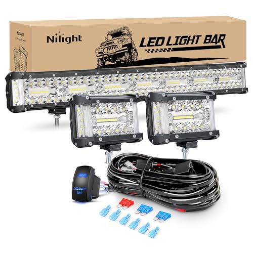 Nilight Side Shooter LED Light Bar Set 20 Inch Triple Row Spot Flood Combo Lights 2PCS 4.3" Pods with 5Pin Rocker Switch Wiring Harness Kit for Truck SUV ATV UTV - color: White - 20Inch Side Shooter Light Bar + 2Pcs 4.3Inch Pods + Wiring Harness