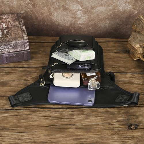 Le'aokuu Mens Genuine Leather Motorcycle Tactic Belt Waist Pack Drop Leg Cross Over Bag - color: 3111 Black
