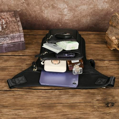 Le'aokuu Mens Genuine Leather Motorcycle Tactic Belt Waist Pack Drop Leg Cross Over Bag - color: 3111 Black