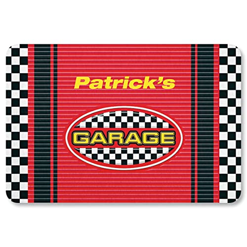 Lillian Vernon Checkered Flag Personalized Garage Mat - Custom Doormat for Man Cave, Work Shop, Auto, Motorcycle, & DIY Spaces, Non Slip Poly, Gifts for Dad, Grandpa, & Business, 18" x 26⅝"