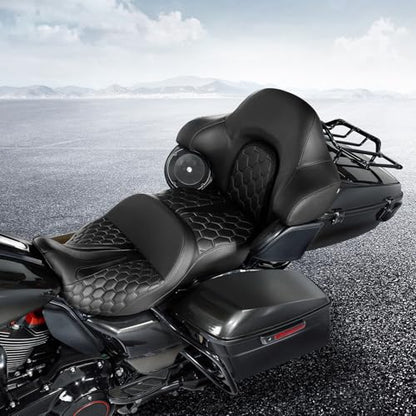 CC RIDER Gel Seat Driver Passenger Seat and King/Chopped Tour Trunk Backrest Fit For Harley Touring 2014-2023 Street Glide Road Glide Road King Electra Glide,Black Hexagon - color: 23# Gel Black+ 1 Backrest