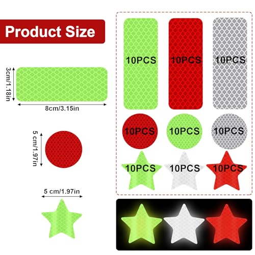 90 Pcs Safety Reflective Stickers, Warning Reflective Stickers, Waterproof Reflective Tape Stickers Night Visibility Adhesive Car Reflector Sticker for Motorcycle Bicycle Vehicle (3 colors,3 shapes)