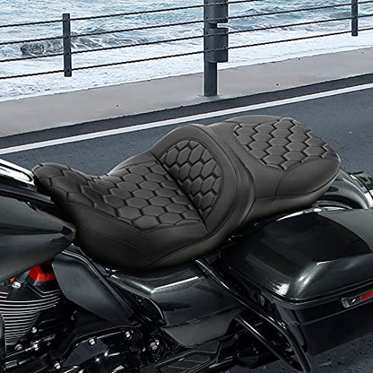 C.C. RIDER Motorcycle Driver Passenger Seat - Fat Diamond Pro 2-Up One-Piece Seat fit for Harley Touring Road King FLHR Street Glide FLHX Road Glide FLTRX 2009-2023, Bagger Comb Black Stitching - color: Black Stitching