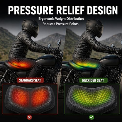 Hexrider Motorcycle Seat Cushion with Cover, 3D Honeycomb Cooling Gel Pad for Long Rides, Universal Non-Slip Shock Absorbing Seat Cover for Motorcycle Accessories, Foldable Breathable Cushion.