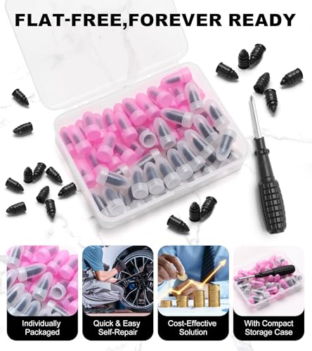 Tire Repair Screws, 60Pcs Screw in Tire Plugs, Self-Service Flat Tire Repair Kit with Screwdriver & Storage Case, for Car, Motorcycle, Bike, Truck, Tubeless Tires