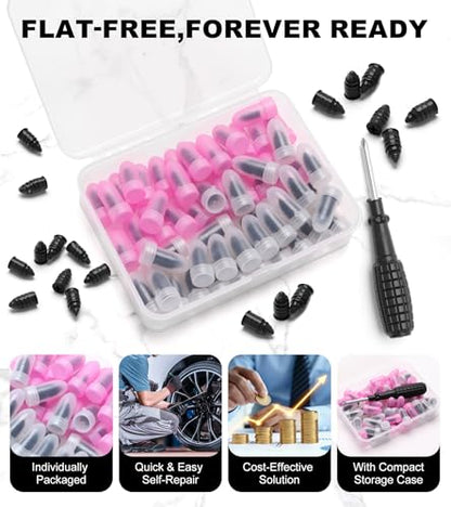 Tire Repair Screws, 60Pcs Screw in Tire Plugs, Self-Service Flat Tire Repair Kit with Screwdriver & Storage Case, for Car, Motorcycle, Bike, Truck, Tubeless Tires