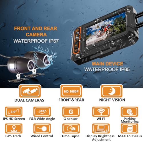Motorcycle Dash Cam, 3'' LCD Waterproof Motorcycle Front and Rear 1080P Camera Wide Angle 155° with Wi-Fi, GPS, Wired Control, G-Sensor, Max up to 256GB