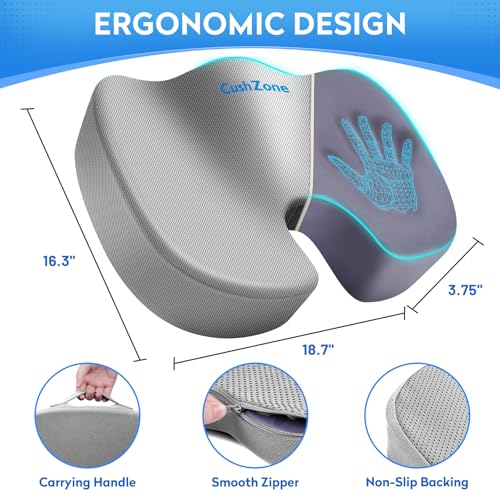 CushZone Seat Cushion, Office Chair Cushions, Car Seat Cushion, Non-Slip Sciatica & Back Coccyx Tailbone Pain Relief Chair Pad, Memory Foam (Large,Light Grey) - color: Light Grey, size: X-Large