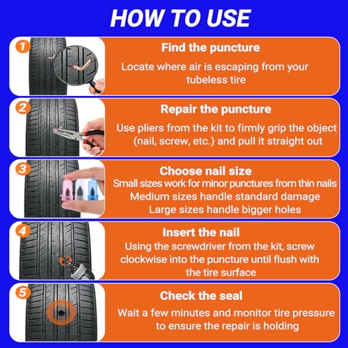 100PCS Tire Repair Rubber Nail Kit, Premium Spiral Screw-in Tire Plugs with 3 Sizes, Emergency Roadside Flat Tire Fix Tool for Car Truck Motorcycle Tractor ATV SUV (100PCS + Screwdriver) - size: 100PCS + Screwdriver