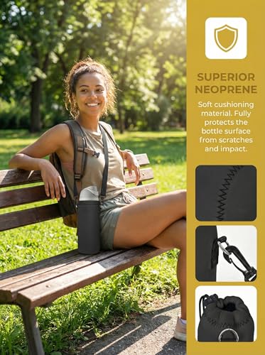 RICHEN Neoprene Water Bottle Carrier Bag with Adjustable Shoulder Strap,Insulated Water Bottle Cover for Stainless Steel/Glass/Plastic Bottles - color: Charcoal Black, size: 750ml