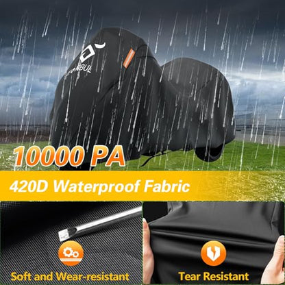 EVRBUL Trike Motorcycle Cover Waterproof 3-Wheel Vehicles Cover with Reflective Strips and Windproof Buckle Compatible with Harley Davidson CVO Tri Glide, Honda Gold Wing Trike 108× 59× 59 in - size: 108’’-Trike