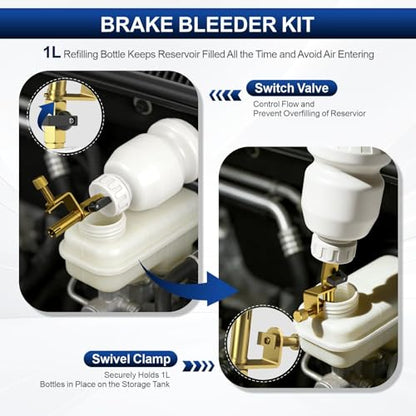 Luney Brake Bleeder Kit, Pneumatic Brake Fluid Bleeder Kit, One Person Operation Vacuum Brake Bleeder & Clutch Bleeding Kit with 1L Refilling Bottle & 16 Adapters for Automotive Brake System