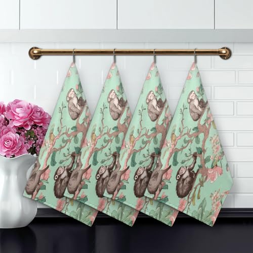 Monkey Tree Flower Kitchen Towels - Set of 2 Absorbent Drying Dish & Hand Towels for Home, Bathroom & Restaurants - color: Light Green