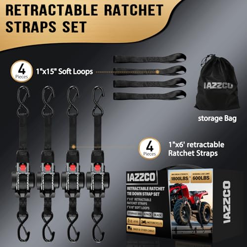 6FT Retractable Ratchet Straps(4-Pack) - 1 Inch (1800 LB Break Strength) Heavy Duty Self Retracting Ratchet Straps with Soft Loops & Storage Bag for Household, Motorcycle, Truck, ATV(Black) - style: 6FT/Black-4 Pack