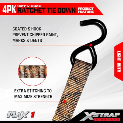 XSTRAP STANDARD Ratchet Tie Down Straps 4 Pk 10 Ft- 300 Lbs Load Cap- 900 Lbs Break Strength-Cargo Straps for Hunting, UTV, ATV, Pickup, Truck, Moving Appliances, Lawn Equipment, Camouflage - color: Camouflage, size: 4pk 1inchx10ft