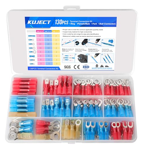 Kuject 130PCS Heat Shrink Wire Connectors Kit, Electrical Waterproof Crimp Butt Terminals, Insulated Spade Connectors for Automotive Marine Boat Truck, Include Rings Forks Spade Butt Splices