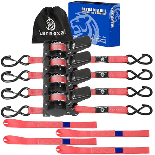 Retractable Ratchet Straps 4 Pack - 1,500 Lbs Break Strength 1 in x 10 Ft Heavy Duty Retractable Ratchet Tie Down Straps with S Hooks Set for Truck, Cargo Van, Trailer, Motorcycle (Red) - color: Red