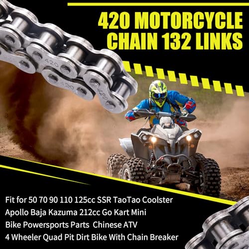 420 Motorcycle Chain 132 Links fit for 50 70 90 110 125cc SSR TaoTao Coolster Apollo Baja 212cc Go Kart Mini Bike Powersports Parts Chinese ATV 4 Wheeler Quad Pit Dirt Bike with Chain Breaker