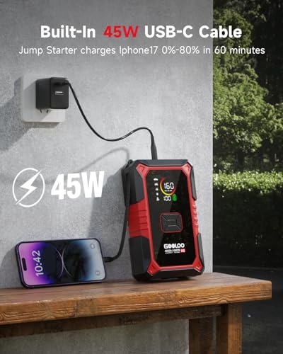 GOOLOO A5 Jump Starter with Air Compressor, 4000A Car Battery Jump Starter (All Gas/10.0L Diesel) with 160PSI Tire Inflator Auto-Off, 45W PD Fast Charging, 12V Jump Box Car Jumper Starter Portable - color: Red