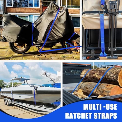 AWELCRAFT Ratchet Straps 4 Pack,1 Inch x 15 Feet Tie Down Ratcheting Strap,1500lb Breaking Strength with S-Hook,4X Soft Loops for Moving Appliances,Lawn Equipment,Truck,Motorcycle(Blue) - color: Blue