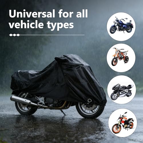 Motorcycle Cover, Outdoor Waterproof Motorcycle Cover, Motorcycle Full Cover Accessories with Storage Bag, Universal Foldable Durable Motorcycle Protective Cover Replacement (Black)