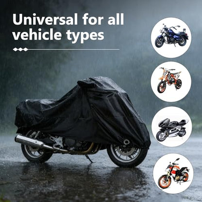 Motorcycle Cover, Outdoor Waterproof Motorcycle Cover, Motorcycle Full Cover Accessories with Storage Bag, Universal Foldable Durable Motorcycle Protective Cover Replacement (Black)
