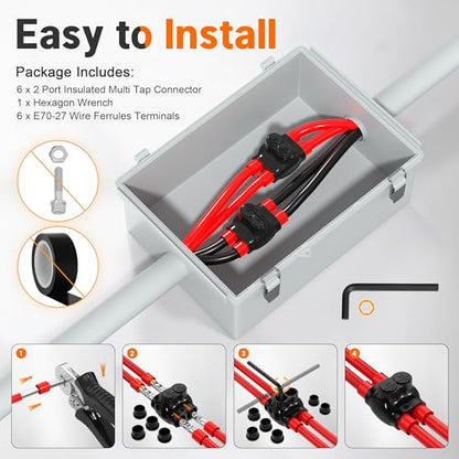 Joinfworld 2 Port Insulated Inline Splice Connector 3/0-6AWG Aluminum to Copper Wire Connectors 7/32" Slotted Allen Hex Dual Side Entry Electrical Cable Connectors - 6 Pack - size: 3/0-6 AWG