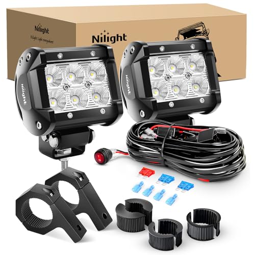 Nilight 2PCS 4 Inch 18W Flood LED Light Bars Off-Road Light Mounting Bracket Horizontal Bar Tube Clamp with Off Road Wiring Harness- 2 Leads, 2 Years Warranty - color: Led Pods+Wiring Harness+Clamp Holder