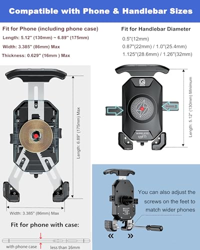 BRCOVAN Motorcycle Phone Mount Holder with Wireless & USB-C Charger | Qi 15W & PD 20W, 1s Locking Design Cellphone Clip with Aluminum Alloy Handlebar Mounting Base for 4'' - 7'' Smartphones