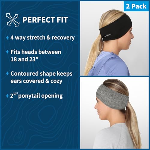 TrailHeads Womens Ponytail Headband - Moisture Wicking Hair Headband for Running, Winter, Workout - Athletic Headband Women - color: black - heather grey