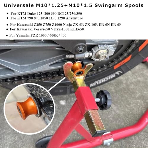 Universal DUKE Spools M10 *1.25 + M10*1.5-2pcs 10mm Swing arm Sliders Spools for Duke 125 200 390 RC125 RC390 FZR 1000/600R/400 Z750 ER-6F ER-6N Versys 1000 (Orange) - color: Aluminum orange
