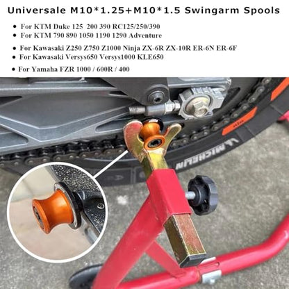 Universal DUKE Spools M10 *1.25 + M10*1.5-2pcs 10mm Swing arm Sliders Spools for Duke 125 200 390 RC125 RC390 FZR 1000/600R/400 Z750 ER-6F ER-6N Versys 1000 (Orange) - color: Aluminum orange