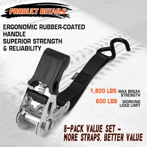 8-Pack Ratchet Tie Downs, 15Ft Heavy Duty Lashing Straps, 1800LBS Break Strength, Cargo Straps with Rubber Handle & S Hooks for Moving Appliances, Motorcycle, ATV, UTV, Truck Bed, Black - color: Black