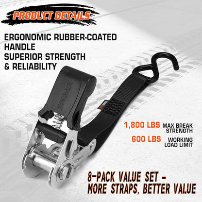 8-Pack Ratchet Tie Downs, 15Ft Heavy Duty Lashing Straps, 1800LBS Break Strength, Cargo Straps with Rubber Handle & S Hooks for Moving Appliances, Motorcycle, ATV, UTV, Truck Bed, Black - color: Black