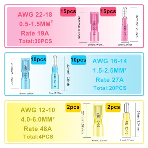 54PCS Heat Shrink Bullet Wire Connectors Kit 22-10AWG Waterproof Bullet connectors Heat Shrink Female&Male Connector for Automotive Boat Stereo Industrial Equipment