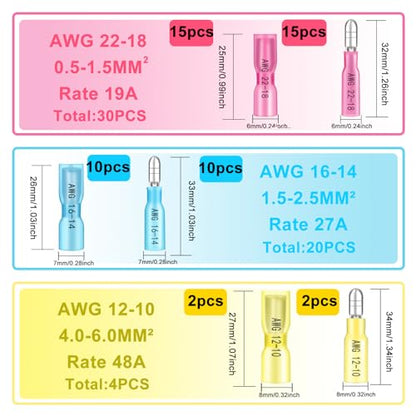 54PCS Heat Shrink Bullet Wire Connectors Kit 22-10AWG Waterproof Bullet connectors Heat Shrink Female&Male Connector for Automotive Boat Stereo Industrial Equipment