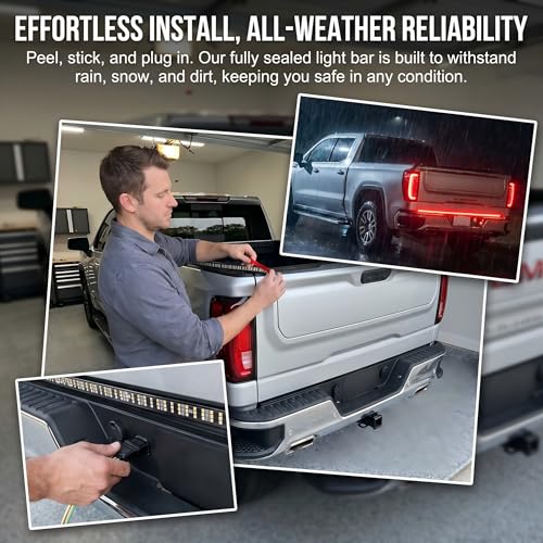 59" LED Tailgate Light Bar, Triple Row with Red Brake, White Reverse, Amber Turn Signal, IP65 Waterproof Tail Light Strip, No Drill Install Universal Fit for Pickup Trailer SUV RV Van
