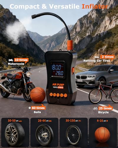 Tire Inflator Portable Air Compressor, 150PSI Dual Power - 4000mAh & 12V DC, Cordless Mini Bike Pump with Digital Dual Values Display/LED Light, tire Air Pump for Car Tires, Bike, Motorcycle, Bicycle