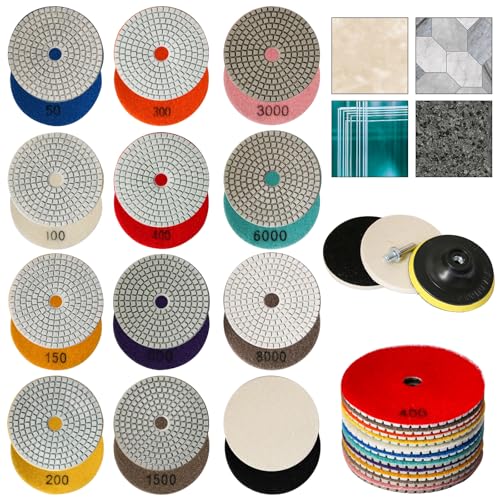 15PCS Diamond Polishing Pads Set 4 Inch, HOMEIDOL 50-8000 Grit Marble Polishing Kit for Concrete Stone, Wet/Dry Granite Polishing Kit for Drill, Grinder, Polisher with 5/8"-11 Backer Pad