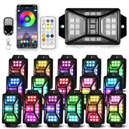 16 Pods Full Angle RGB Rock Lights, App/Remote Control Chasing Led Rock Lights with Music Mode Waterproof Multi-Color, Compatible with 12V Trucks Jeep UTV SUV ATV Off Road Golf Cart(Patented) - size: 16 Pods-Full Angle-(New 3 Control Mode)-12V