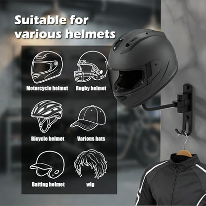 Helmet Hanger Wall Mount, Helmet Holder 180° Rotation Metal material Helmet Rack with Double Hook for Football Helmet, Bicycle Helmet, Hat, Cap, Sportswear, Motorcycle Accessories (2 PCS)