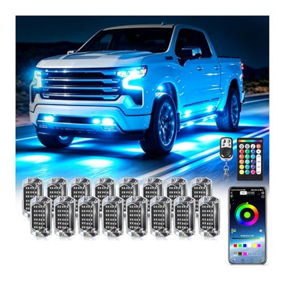 16Pods Full Angle RGB LED Rock Lights Kit for Trucks Pickup Jeep Golf Cart SXS ATV with APP/RF Remote Control, Underglow Lights with Brake Multicolor Neon Underbody Lights Waterproof Accent Light 12V - size: 16 Pods