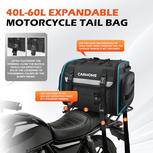 Motorcycle Tail Bag, 40L-60L Expandable Motorcycle Travel Luggage, Waterproof All-Weather Rear Seat Bag with Sissy Bar Straps & Rain Cover, Universal Trunk Rack Bag - Black