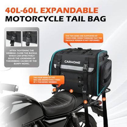 Motorcycle Tail Bag, 40L-60L Expandable Motorcycle Travel Luggage, Waterproof All-Weather Rear Seat Bag with Sissy Bar Straps & Rain Cover, Universal Trunk Rack Bag - Black