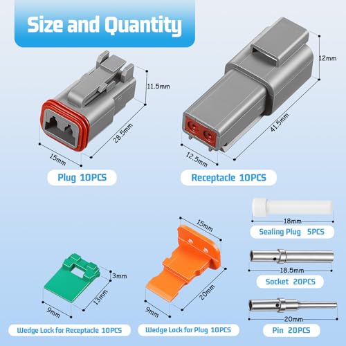 Sabary 85 Pcs 2 Pin Connector Kit Compatible with Deutsch DT Style, 10 Sets Gray DT04-2P DT06-2S Waterproof Connectors with Size 16 Solid Contacts for 20-14 AWG Truck Marine Motorcycle Wiring Repair