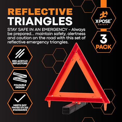 Xpose Safety Reflective Emergency Triangles – 1 Kit (3 Triangles) – DOT Approved Roadside Car Safety Warning Reflectors – Red & Orange Automotive Vehicle Hazard Visibility Markers - size: 3 Packs