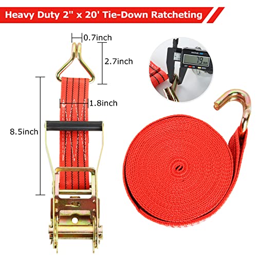 4 Pack Ratchet Tie Down Straps, 2 Inch x 20 Feet, 10,000 lbs Break Strength, Heavy Duty Cargo Lashing Straps with Double J Hooks for Trailer, Truck, and Farm Equipment, Red - color: Red, size: 4 pack 2 inch x 20 ft