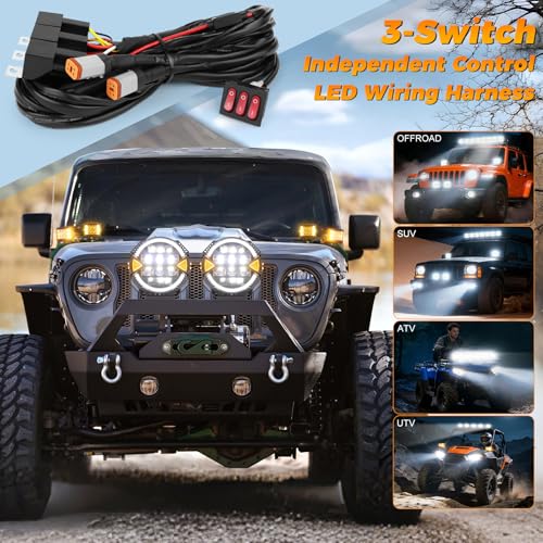 2 Leads Wiring Harness Kit, 12V Plug & Play 4-Pin DT Wiring Harness with 3-Button Switch & Relay Blade Fuse for Truck SUV ATV Off-Road LED Light Pods & Light Bars