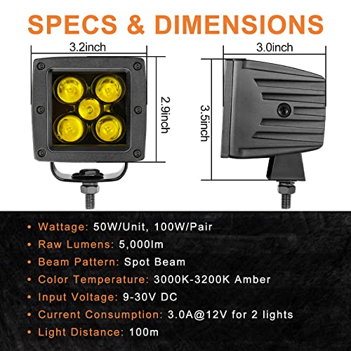 Amber LED Pods, RFROAD LIGHTING 2PCS 3Inch 100W Yellow Fog Lights Square Spot Beam LED Cubes for Truck Pickup Offroad Motorcycle UTV ATV SUV Front Bumper - size: 3 Inch Amber Spot Light