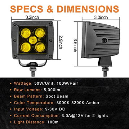 Amber LED Pods, RFROAD LIGHTING 2PCS 3Inch 100W Yellow Fog Lights Square Spot Beam LED Cubes for Truck Pickup Offroad Motorcycle UTV ATV SUV Front Bumper - size: 3 Inch Amber Spot Light
